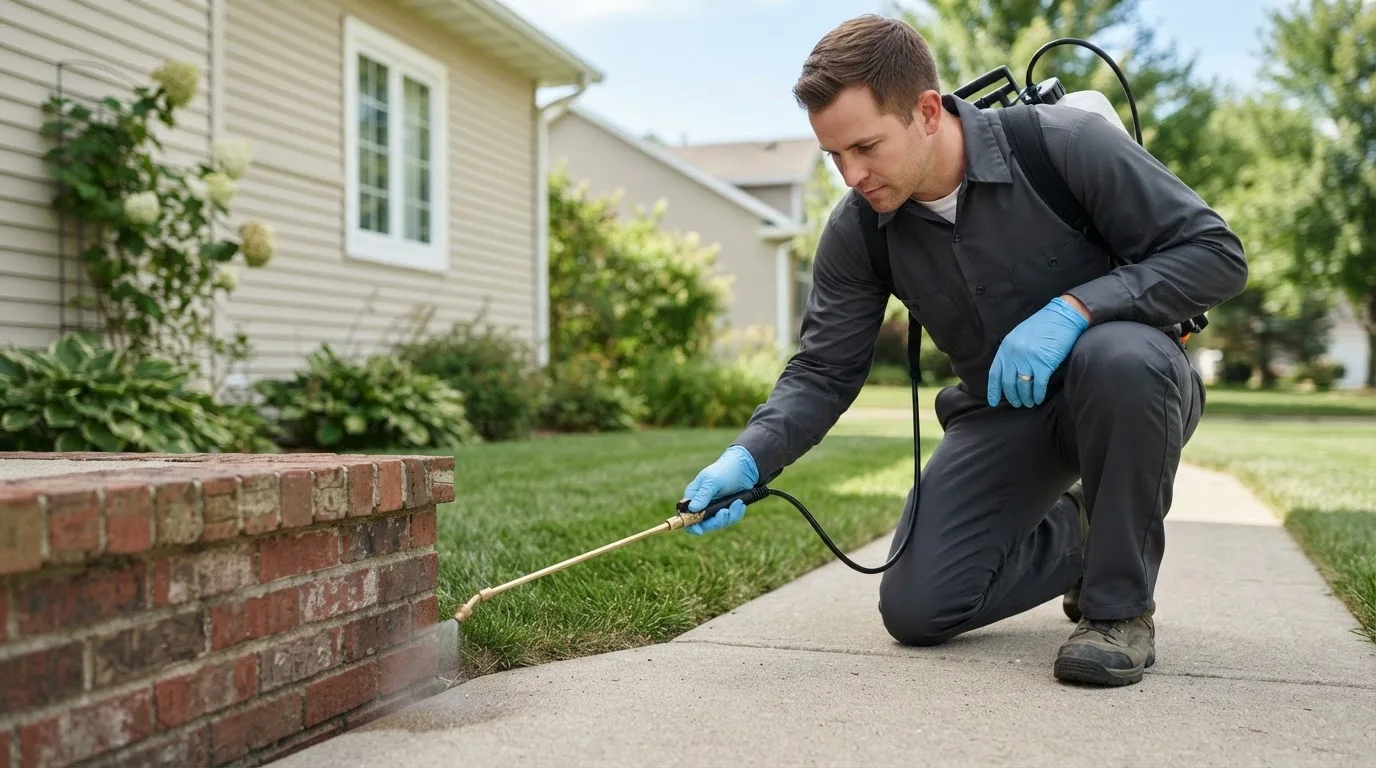 Pest control technician treating a home near Columbus, ND