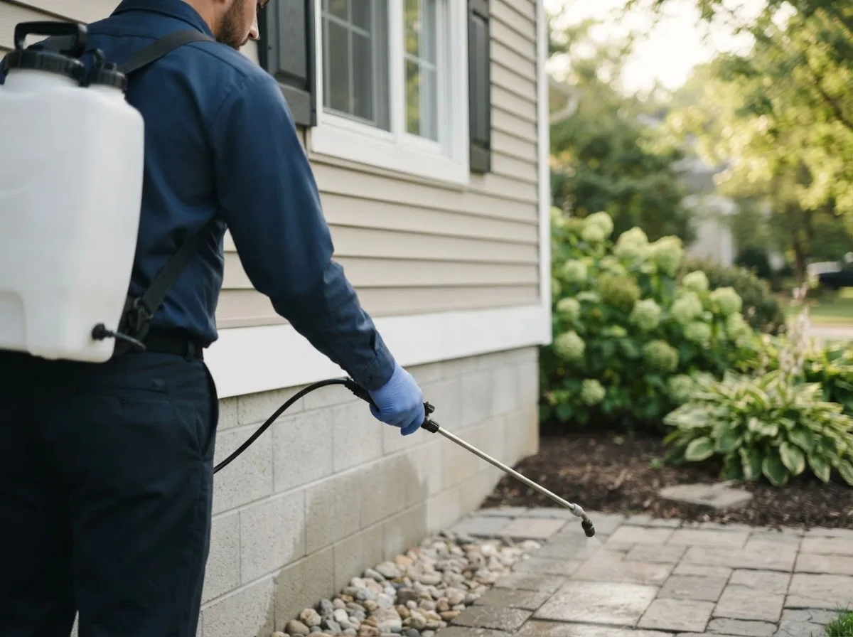 Pest control technician inspecting a home in Columbus, ND